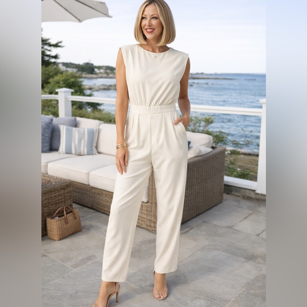 Cream Sleeveless Jumpsuit | Minimalist Chic Tailored Size M (6) Neutral - Picture 1 of 5